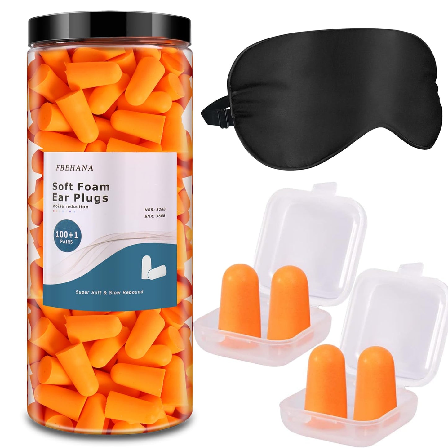 FBEHANA 100 Pairs Sleep Noise Reduction Foam earplugs 32dB Super Soft Noise Cancelling earplugs for Sleeping Filming Travel Work Study with Noise Cancelling earplugs Eye mask(Orange)